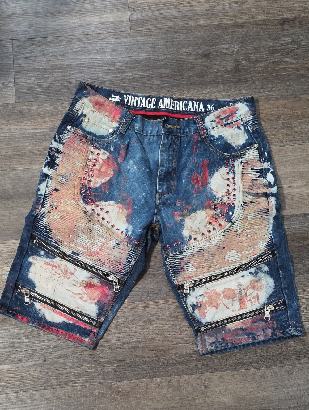 Vintage Americana Blue Jean Shorts with Red and Cream Accents